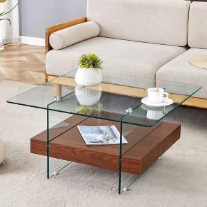 NicBex Modern 2-Tier Square Coffee Table with Storage, Clear Tempered Glass Top & Texture Open Shelf,Center Table for Living Room - 1 of 4