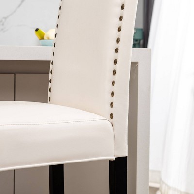 Set of 2 Cream White Leatherette Studded Barstools with Wood Legs