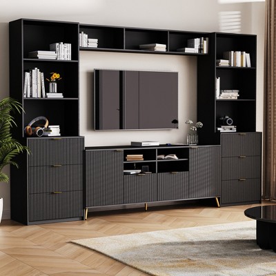 112.5" Entertainment Wall Unit with 13 Shelves, 8 Drawers and 2 Cabinets, Multifunctional TV Stand for TVs Up to 70", 4L-ModernLuxe