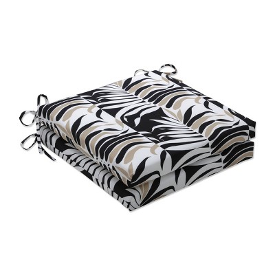 2pk Outdoor/Indoor Squared Corners Seat Cushion Set Palm Stripe Black/Tan - Pillow Perfect