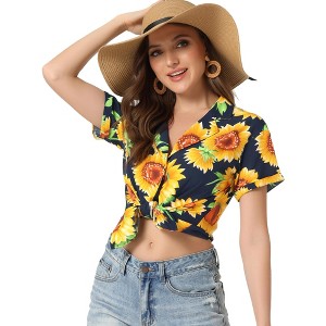 Allegra K Women's Hawaiian Floral Leaves Printed Short Sleeve Button Down Vintage Shirt - 1 of 4