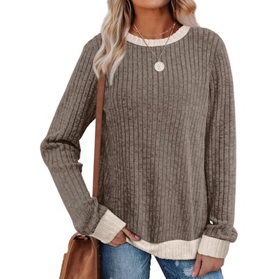 Women's Long Sleeve Color Block Tunic Sweater Tops Lightweight Loose Fit Fall Casual Crewneck Shirts
