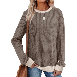 Women's Long Sleeve Color Block Tunic Sweater Tops Lightweight Loose Fit Fall Casual Crewneck Shirts - 1 of 4