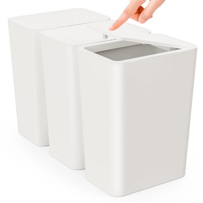 LunaLulinlk 3 Pack 10 Liter Small Lid Trash Can Plastic Trash Can, 2.6 Gallon Slim Trash Can Wastepaper Basket with Pop-Up Lid, White