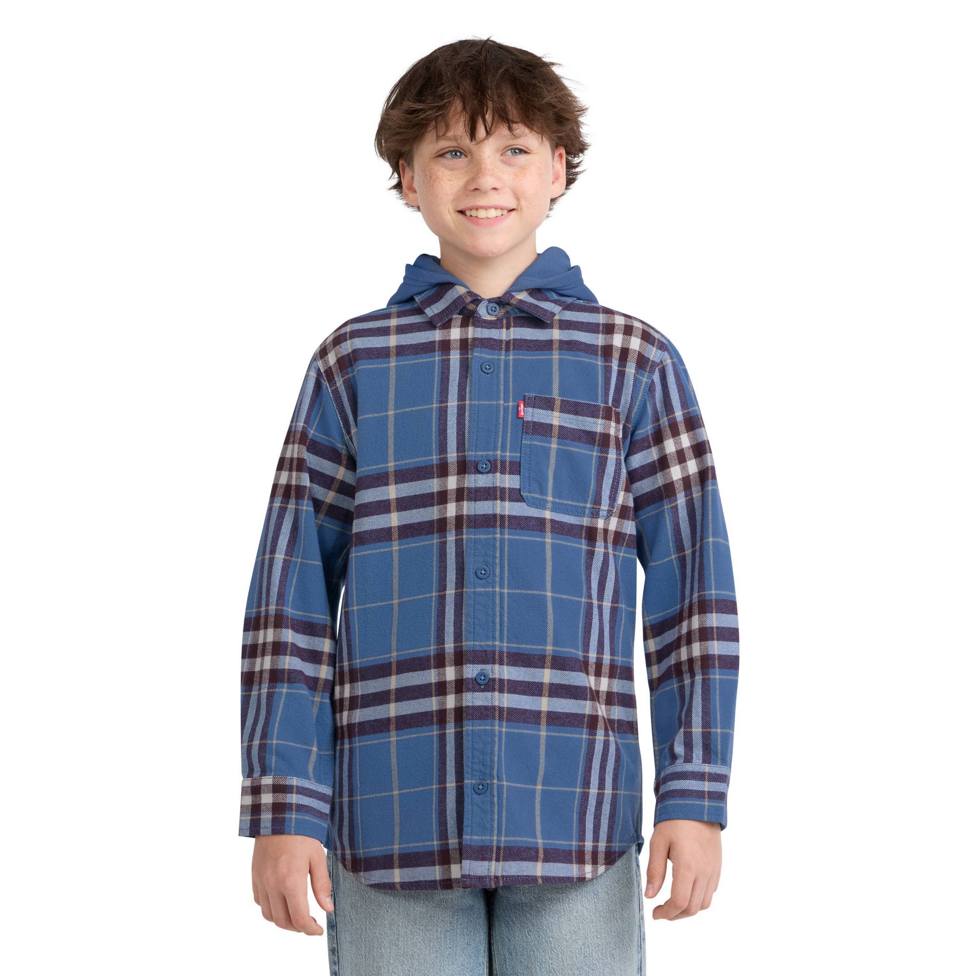 Levi's® Boys' Long Sleeve Hooded Flannel Shirt - Blue XS