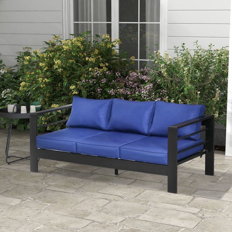 Outsunny Aluminum Cushioned Patio Furniture, Wide Armrests Outdoor Sofa, for Garden, Balcony, Navy Blue, 3 of 7