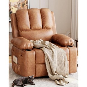 27"Oversized Manual PU Leather Recliner Chair with Cup Holders and Side Pockets, Ergonomic Design for Adults - 1 of 4