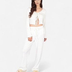Anna-Kaci Lounge Women's Long Sleeve Waffle Knit Sleepwear Set with Front Tie Crop Top and Drawstring Lounge Pants - 1 of 4