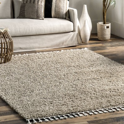 Braided Beige Rectangular Shag Area Rug with Tassels