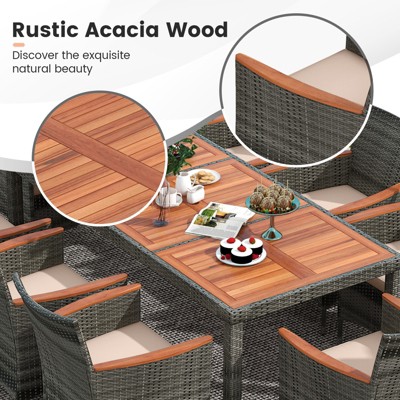 Mix Gray 9-Piece Outdoor Wicker Dining Set with Acacia Wood Table and Beige Cushions