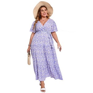 Garvee Women Plus Size V Neck Wrap Maxi Dress High Waist Ruffle Summer Casual Dress with Belt Short Sleeve - 1 of 4