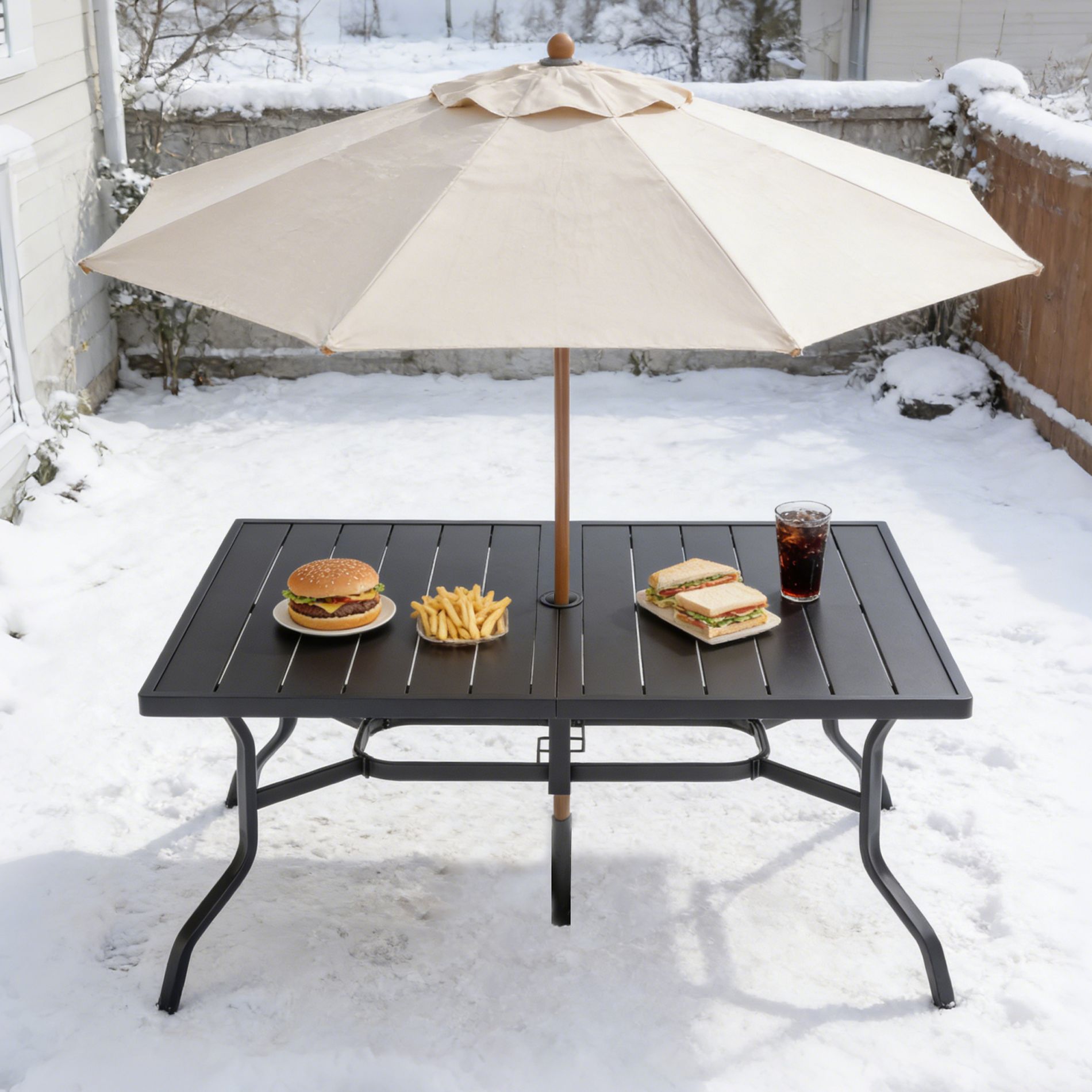 GDFStudio Cesar Modern Metal Rectangular Outdoor Dining Table with Slatted Top and Umbrella Hole, Black