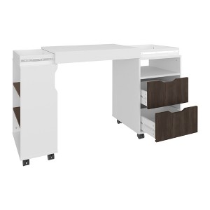 Vynxaria Extendable Desk - White/Dark Walnut, 2 Large Drawers, Open Shelving, Durable Casters, Manufactured Wood - 1 of 4
