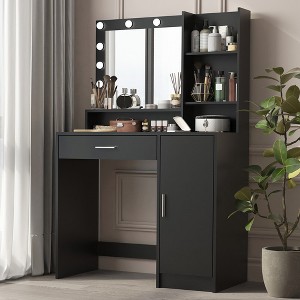 Makeup Vanity With Lighted Mirror, 12 Bulbs Lights With 3 Colors Lighting Modes, Dressing Table With Drawer, Shelves, And Cabinet, For Bedroom Black - 1 of 4