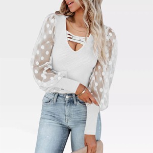 Lace Sleeve Bodysuits U Neck Rib Shapwear Blouse Bishop Sleeve Bodysuits Layerd Romper - 1 of 4