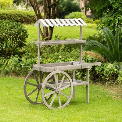 Antique Rustic Gray Solid Wood 3-Tier Plant Stand Cart with Wheels
