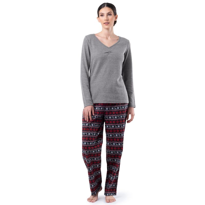 Fruit of the Loom Women's Long Sleeve V-Neck Waffle Top and Flannel Bottom Pajama Set, 1 of 5