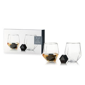 Viski 4-Piece Faceted Tumbler & Hexagonal Basalt Stone Set, Set of 2 Crystal Glasses With Set of 2 Whiskey Rocks, Rum, Scotch Lovers, Clear - 1 of 4