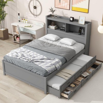 Streamdale Full Size platform bed with trundle, drawers and USB plugs, Gray