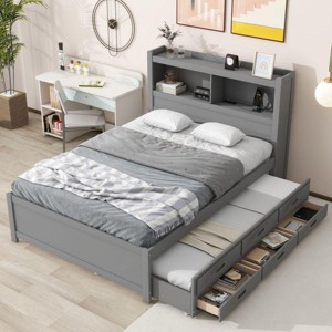 Streamdale Full Size platform bed with trundle, drawers and USB plugs, Gray - 1 of 4