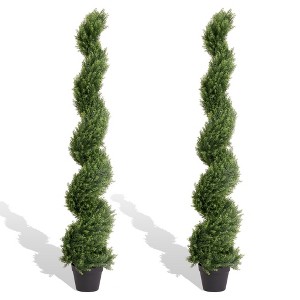 poetree 3-5ft Artificial Cedar Cypress Spiral Topiary Trees Outdoor Set of 2, Fake Plants for Garden Front Porch Indoor Decor - 1 of 4