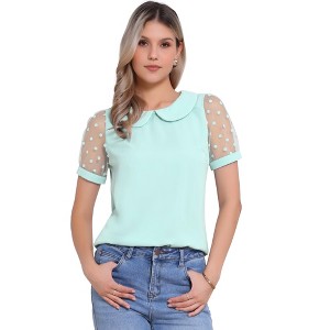 INSPIRE CHIC Women's Vintage Peter Pan Collar Puff Polka Dots Mesh Short Sleeve Blouse - 1 of 4