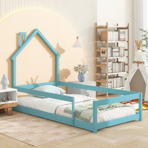 CAVINAS Twin Size Wood Montessori Bed,Modern Floor Bed with House-Shaped Headboard and Fences,Toddler Bed for Bedroom - 1 of 4