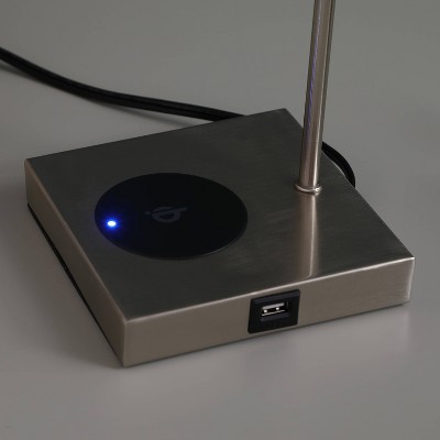 21.5" Silver Metal Table Lamp with Wireless Charging and Gray Shade