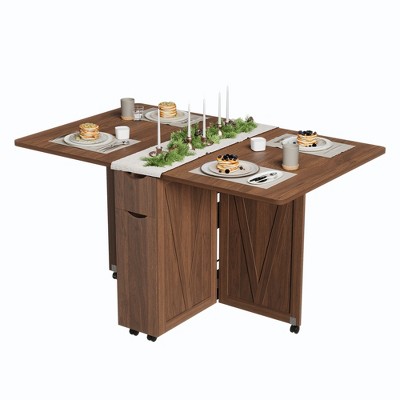 Space-Saving Folding Dining Table with Storage Shelf & Drawer, Mobile Kitchen Table on 6 Lockable Wheels for Small Spaces