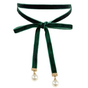 INSPIRE CHIC Women's Ribbon Velvet Long Double Layer Hand Tied Bow Tie with Beads - 1 of 4