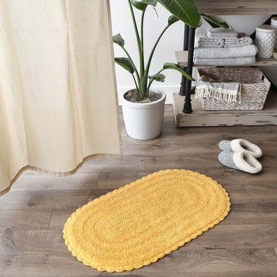 Yellow Cotton Oval Crochet Bath Mat, 21 x 34 inches
