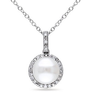 EVERLY JEWELRY | Sterling Silver 1/10 CT TW Diamond and 8 MM White Cultured Freshwater Pearl Halo Pendant with Chain, 18" - 1 of 4