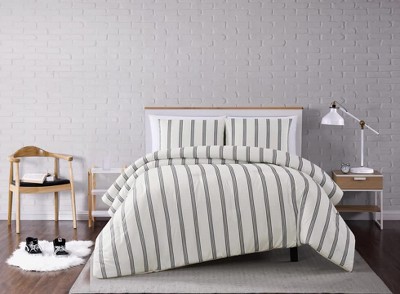 Ivory and Black Striped Microfiber Queen Comforter Set