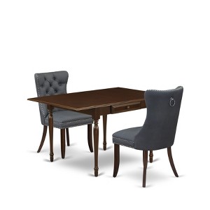 East West Furniture, 3 Piece Kitchen Table Set Consists of a Rectangle Dining Table with Dropleaf and 2 Upholstered Chairs, Mahogany - 1 of 4
