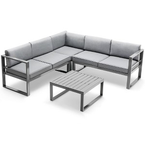 Tangkula 4PCS Aluminum Outdoor Conversation Set Patio Furniture Set w/ Coffee Table & Cushions Gray - 1 of 4
