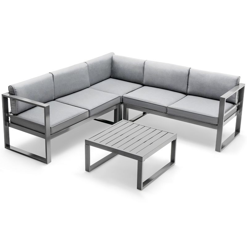 Tangkula 4PCS Aluminum Outdoor Conversation Set Patio Furniture Set w/ Coffee Table & Cushions Gray, 1 of 11