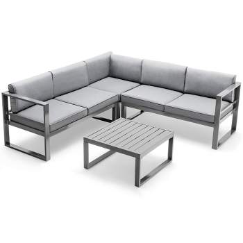 Tangkula 4PCS Aluminum Outdoor Conversation Set Patio Furniture Set w/ Coffee Table & Cushions Gray