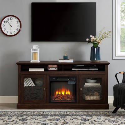 VYNXARIA Contemporary Brown Media TV Stand with 18" Fireplace Insert for TVs Up to 65" and Versatile Storage
