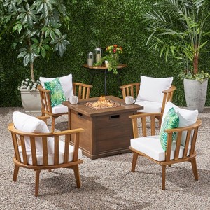 Christopher Knight Home 5 Piece Outdoor Patio Fire Pit Conversation Set with 32" Gas Fire Pit Table and Acacia Wood Club Chairs - 1 of 4
