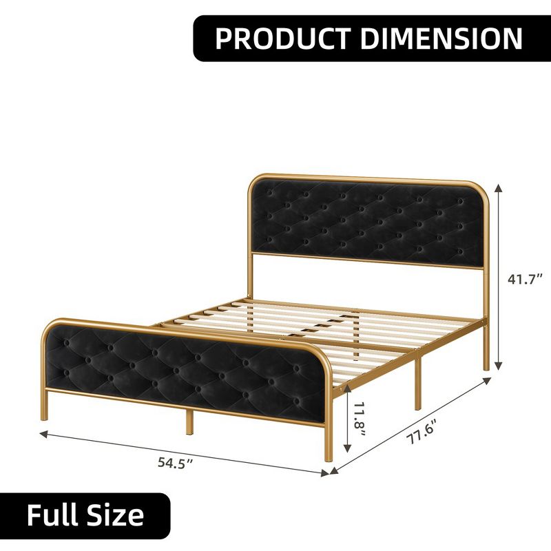 Double Bed Frame, Sponge Bed Frame, Wood Slat Supports, Springless Bed, Upholstered Bed Frame with Velvet Tufted Headboard, Black+Gold, 3 of 7