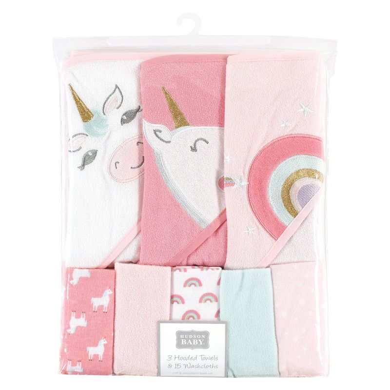 Hudson Baby Infant Girl Animal Hooded Towel 3pk and 15 Washcloths, Unicorn, One Size, 2 of 7