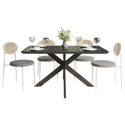 LeisureMod Ravenna 5-Piece Dining Set - 63" Rectangular MDF Top Dining Table in Ebony & 4 Velvet Dining Chairs in White Steel Legs