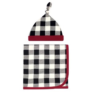 Touched by Nature Baby Boy Organic Cotton Swaddle Blanket and Headband or Cap, Black Plaid, One Size - 1 of 4