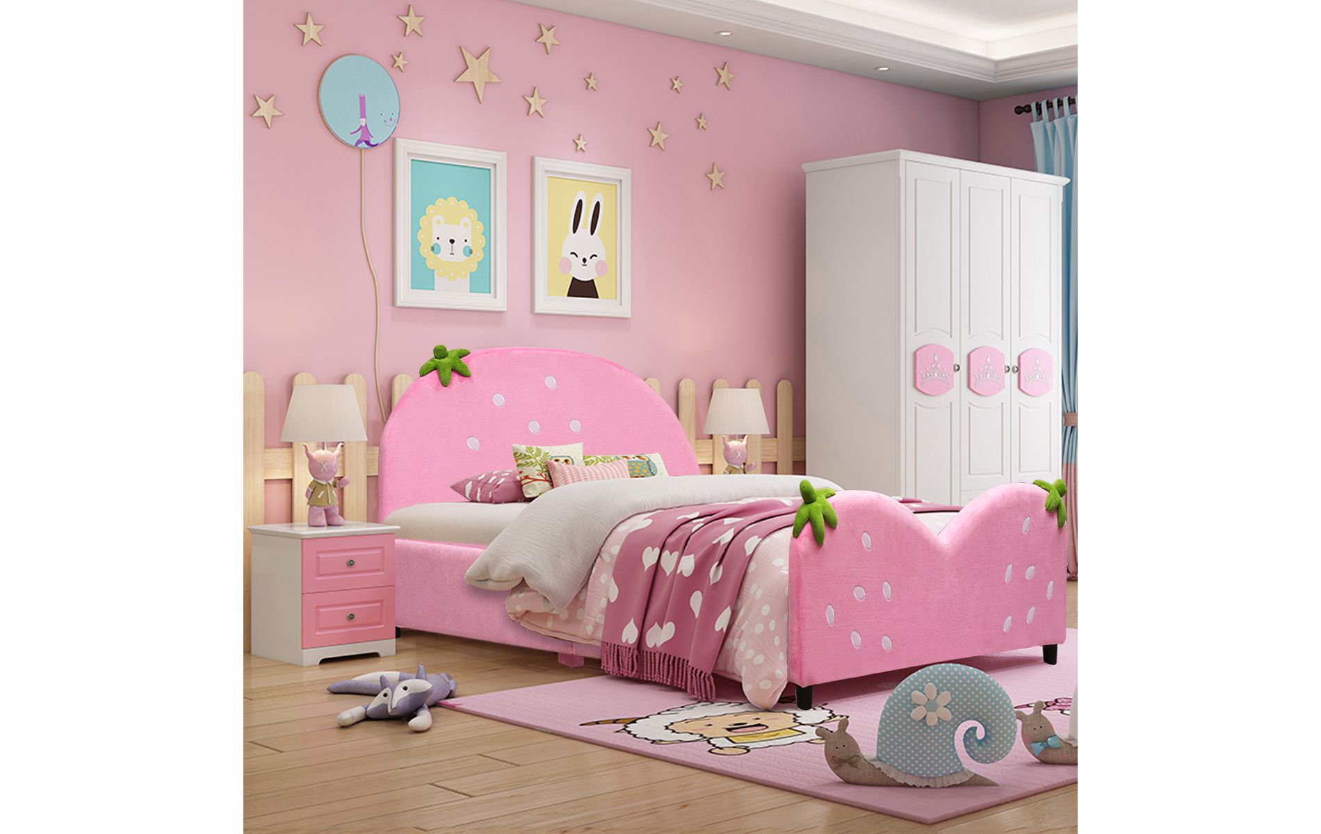 Costway Kids Children Upholstered Platform Toddler Bed Bedroom Furniture Berry Pattern