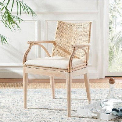 Coastal Chic Natural Whitewash Rattan Armchair with White Cushion