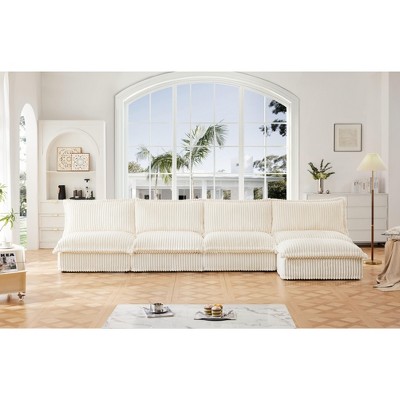 NicBex Couches for Living Room L-Shaped 4 Seater Deep Seat Armless Sofa Free Combination Corduroy Upholstered Slipcovered Sofa with Ottoman, Cream
