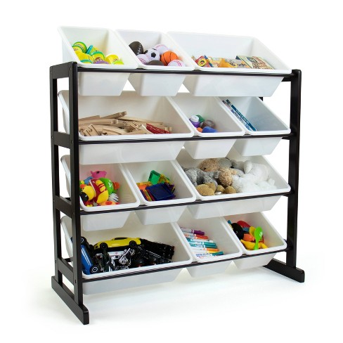 Playroom with White Bins and Gray Frame FOTOSOK Toy Storage Organizer with 16 Bins & Shelf Bedroom Living Room Storage Unit for Kids Multifunctional Storage Rack with Stackable and Removable Bins 