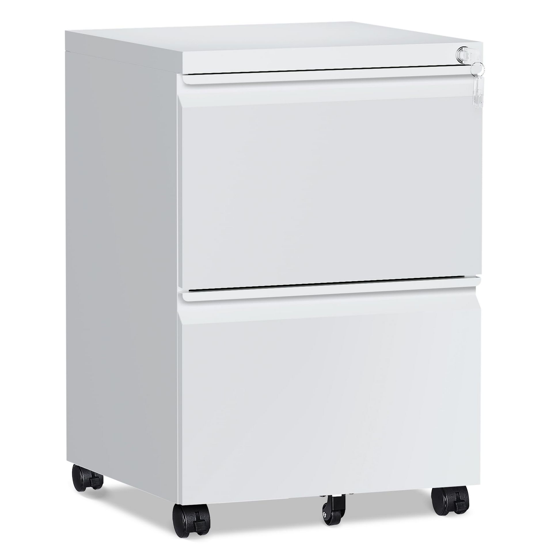 Mlezan 2-Drawer File Cabinet: Mobile, Lockable, with Wheels. Fully Assembled, White Metal Cabinet for A4/Letter/Legal Files, Under-Desk Storage.