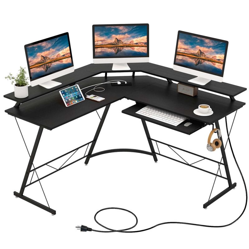 Costway L-shaped Computer Desk with Power Outlet 51" Corner Computer Workstation Rustic Brown/Black, 1 of 11