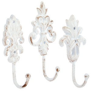 Farmlyn Creek 3 Pack Cast Iron Coat Hooks with Screws, Wall Mounted, Vintage Design (White, 8.3 in) - 1 of 4